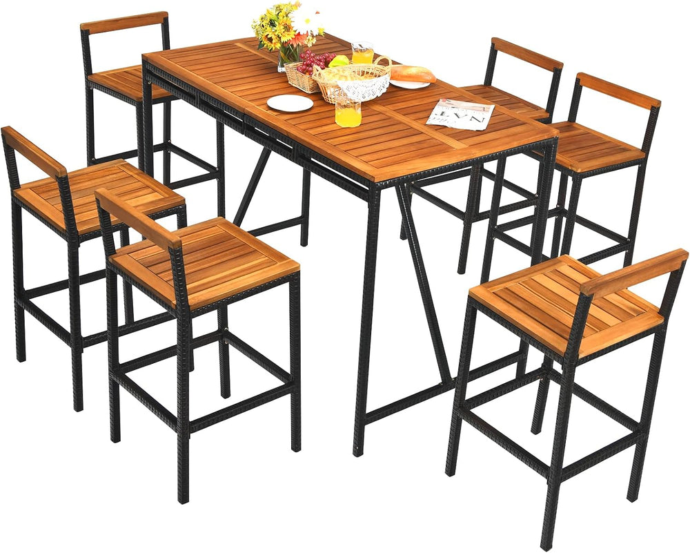 Tangkula 7-Piece Acacia Wood Bar Set with Patiojoy Outdoor Rattan High-Dining...