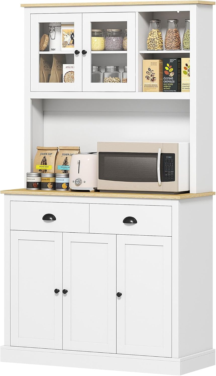 71inch Freestanding Pantry Cabinet — 39.25in Wide, White Finish with Yellow O...