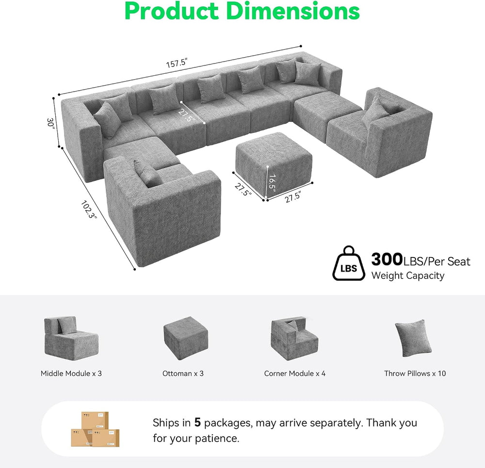 MONVANE Oversized Sectional Couch 10-Seat, Chenille, Light Gray | Sectional C...