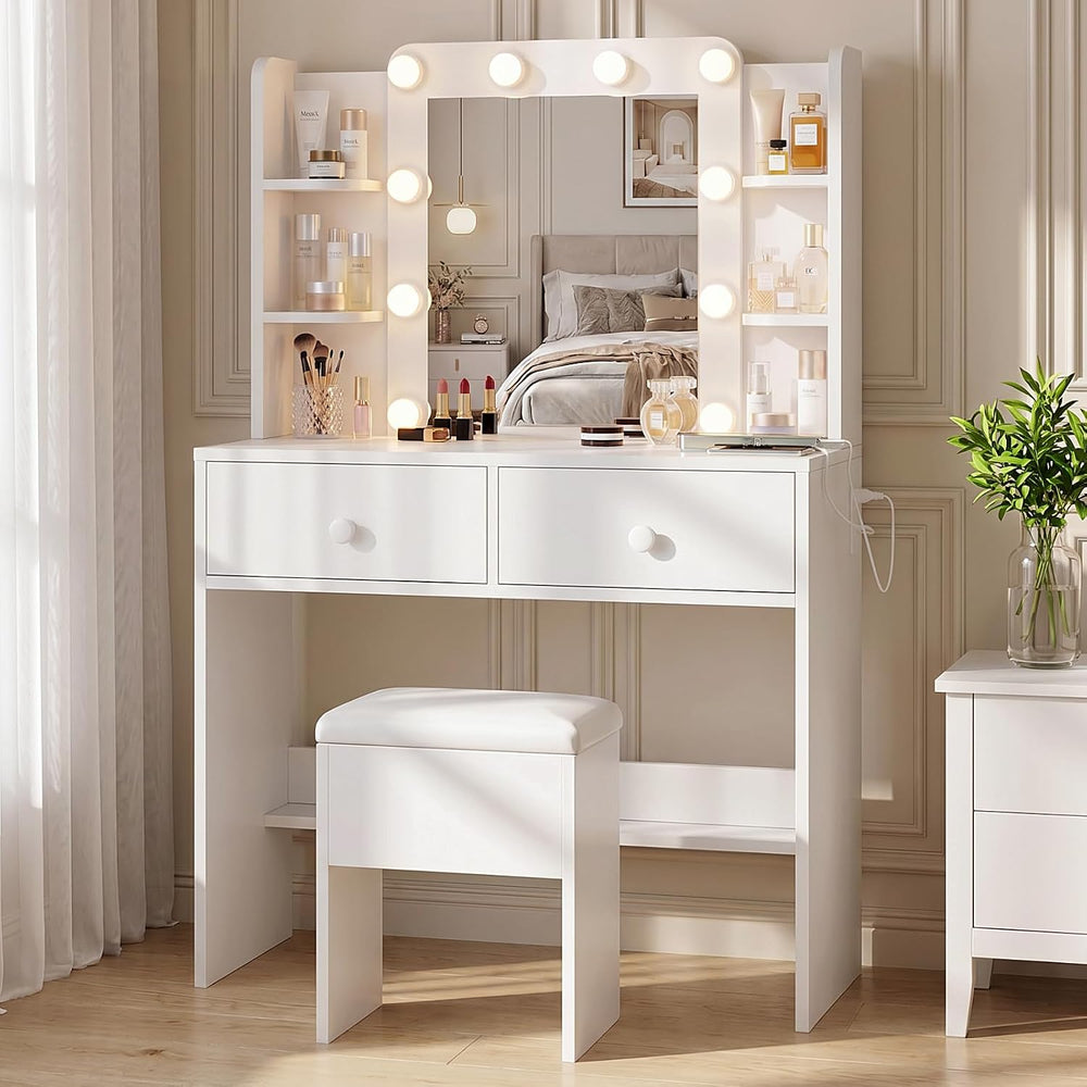 FUXA Makeup Vanity Desk with LED Mirror and Chair Set, White | 3 Lighting Mod...
