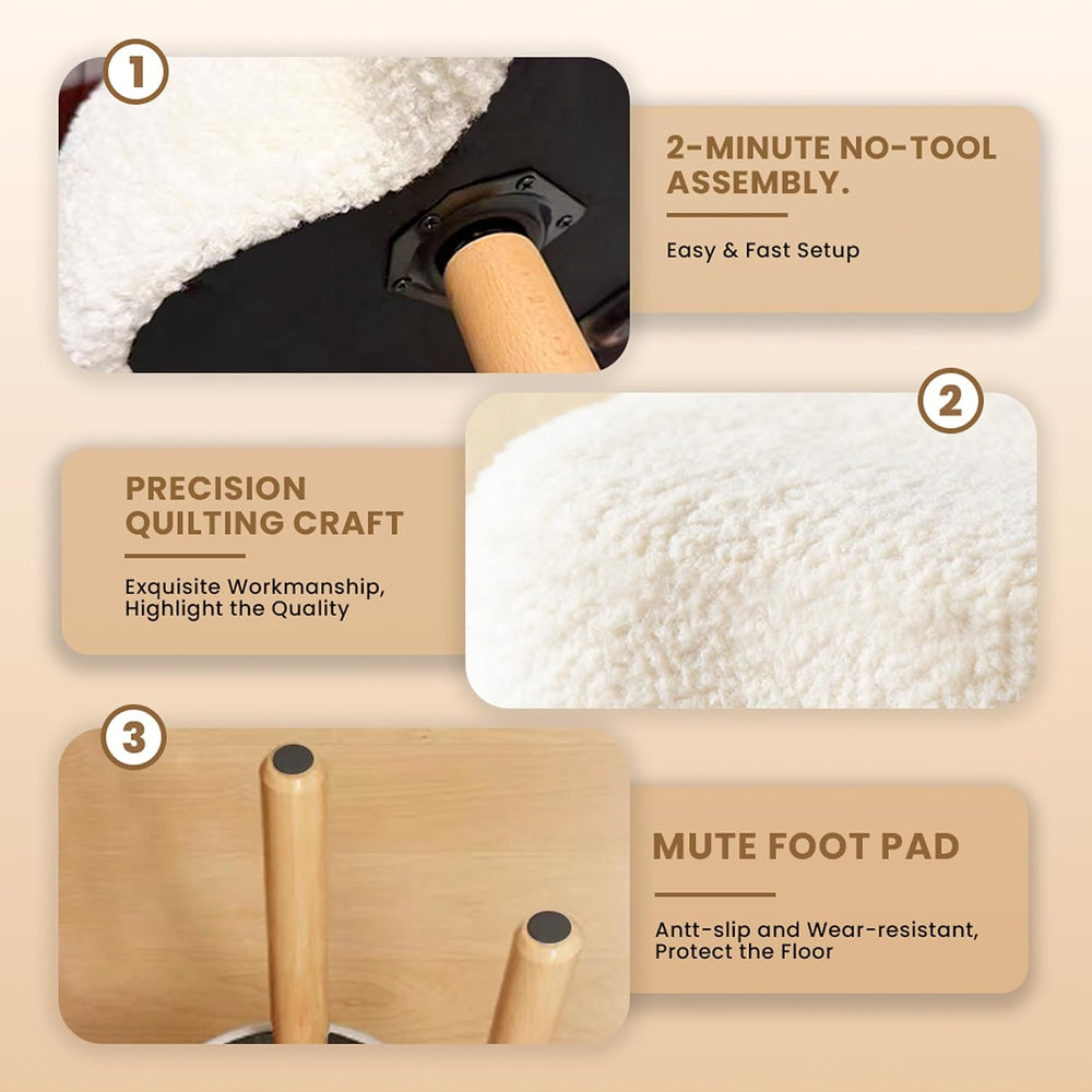 Cmishe Cloud Vanity Stool with Solid Beech Wood Legs, Boucle Makeup Chair for...