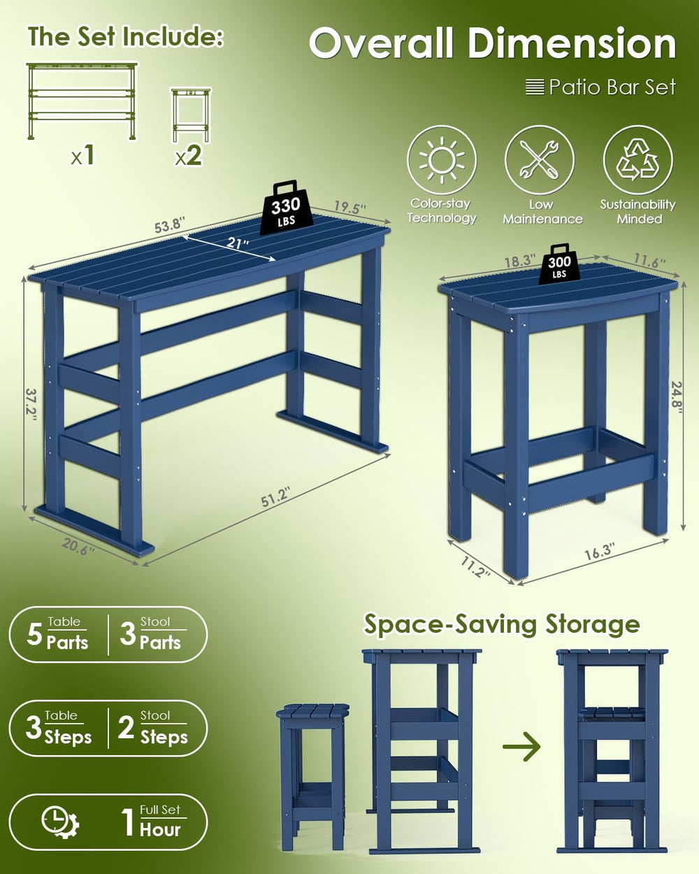GREENVINES Outdoor Bar Set, HDPE, 3-Piece Patio Bar Table & Stools, Blue