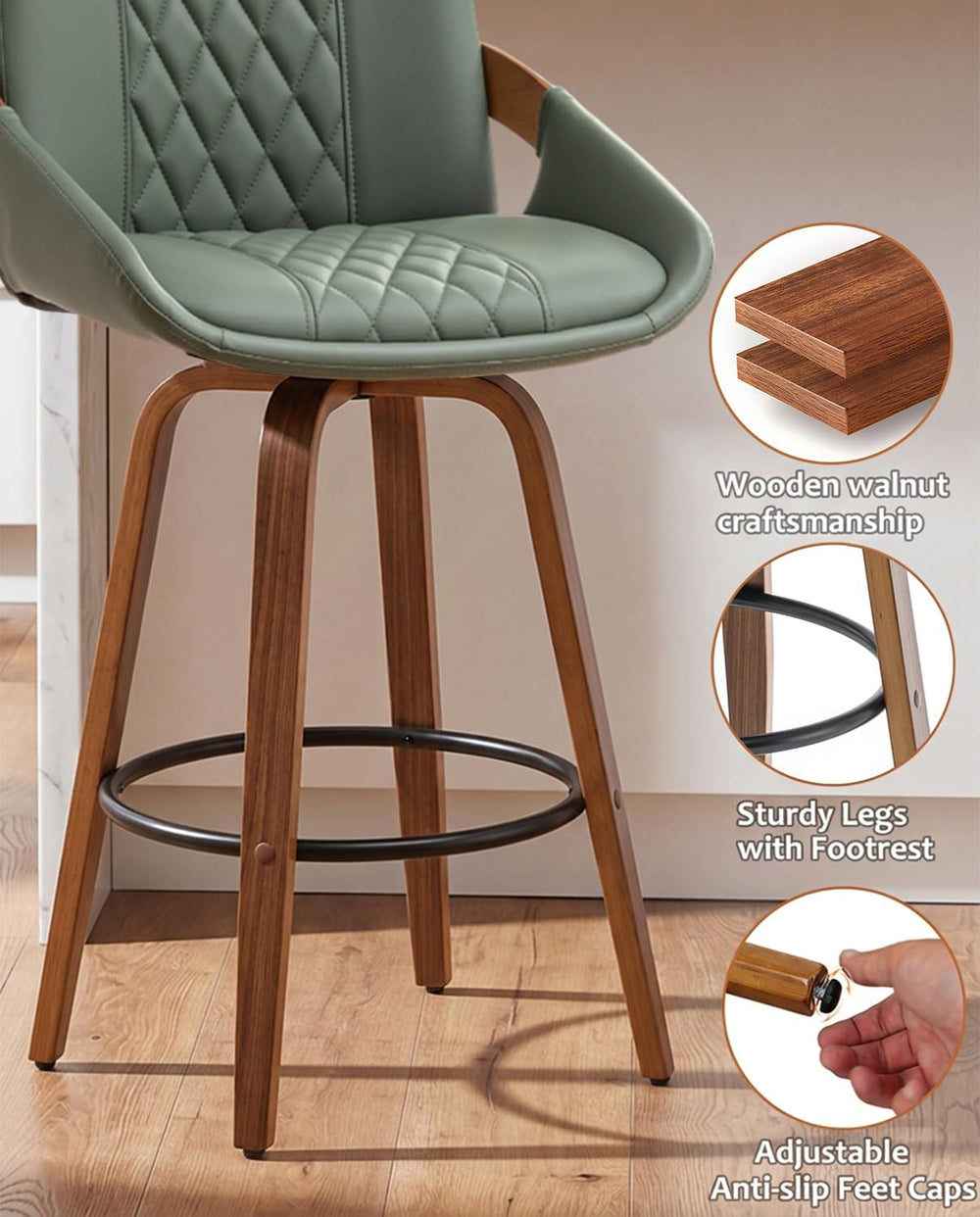 AQG Bar Stools Set of 2, Mid Century Modern Retro Swivel Counter Height Bar C...