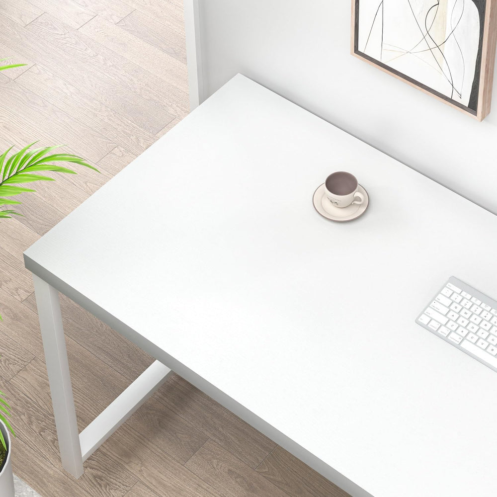 EXCEFUR White Computer Desk, Modern Home Office Desk with Storage Shelf, Wood...