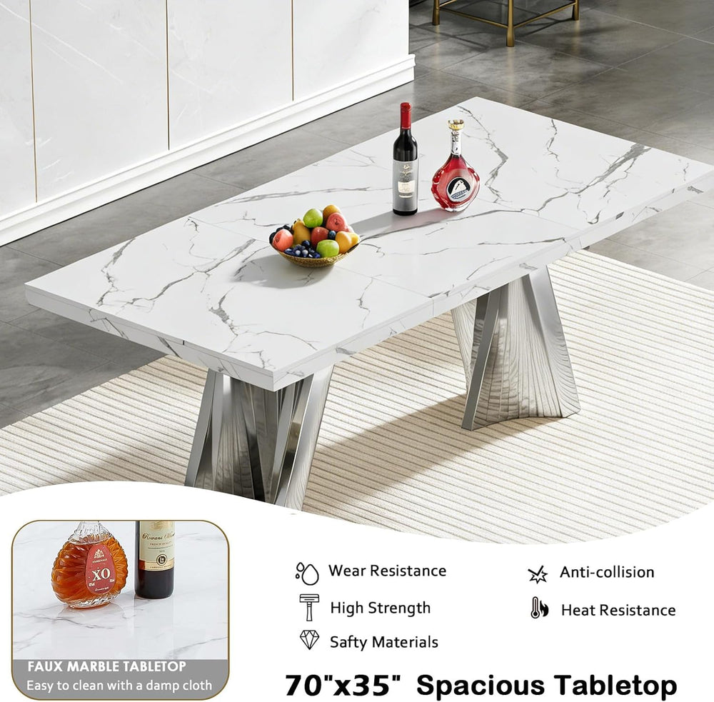 70" Faux Marble White Silver Dining Table for 6, Modern Dining Room Tabl...