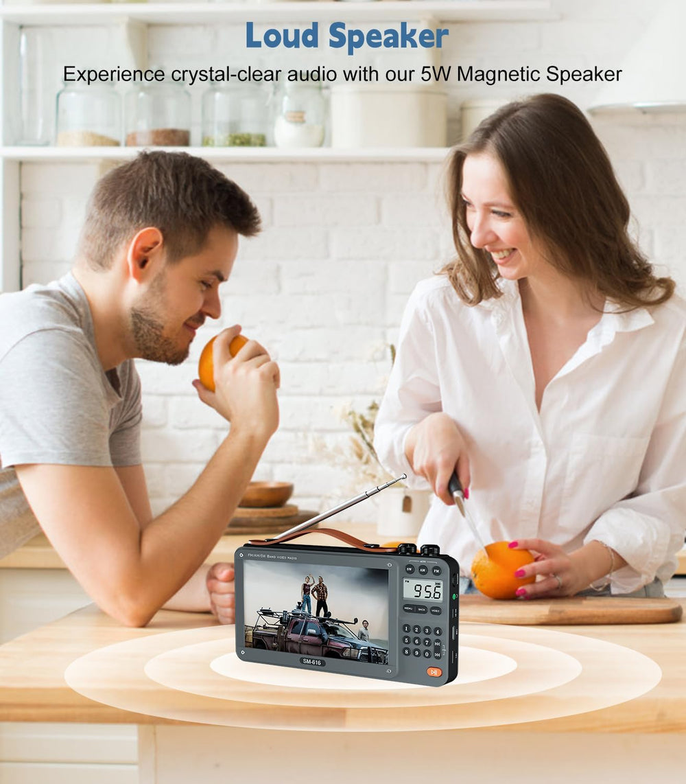 720P 7Inch Screen AM FM Movie Video Radio with Bluetooth Speaker, Rechargeabl...