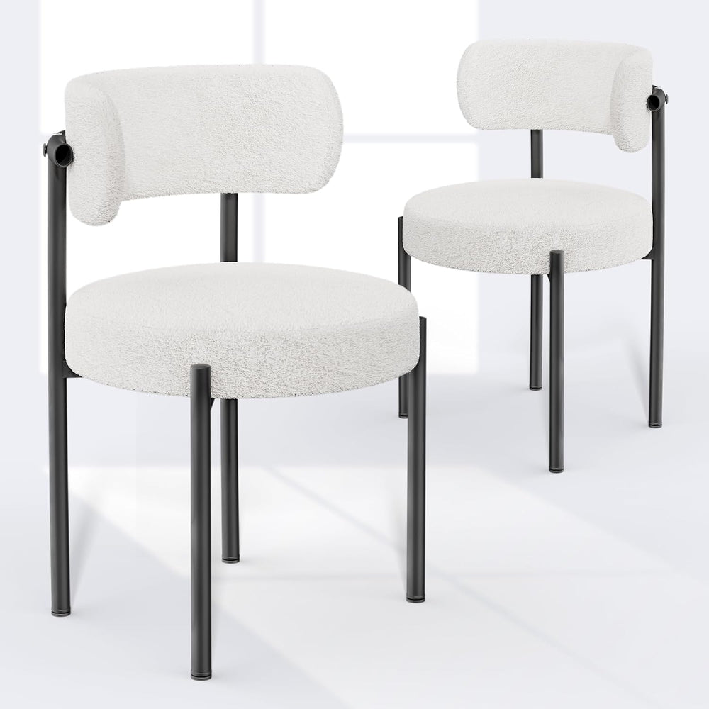 PatioPerk Boucle Dining Chairs Set of 2, White Mid Century Morden Chair | Rou...