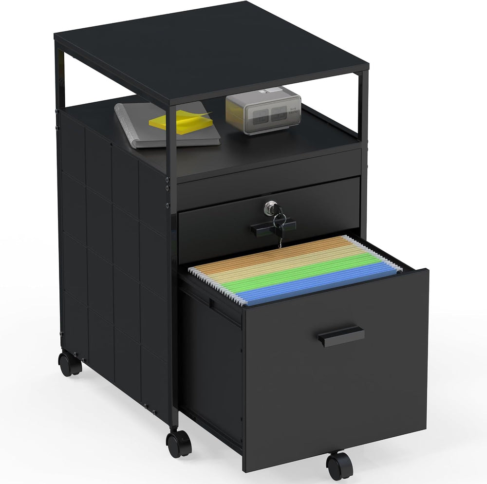 SHW Box File Rolling Mobile Cabinet with Lockable Drawer, Black | Open Shelf ...