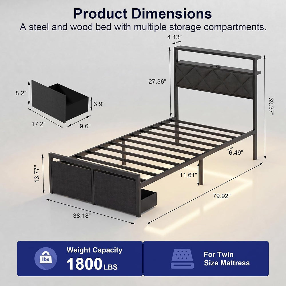 Twin Bed Frame with LED Lights, Charging Station & 2 Storage Drawers, Met...