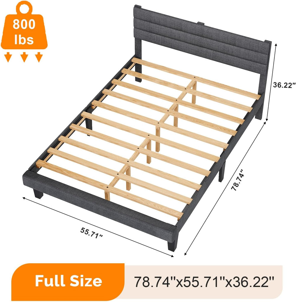 VINGLI Full Upholstered Platform Bed Frame with Headboard,Linen Dark Gray
