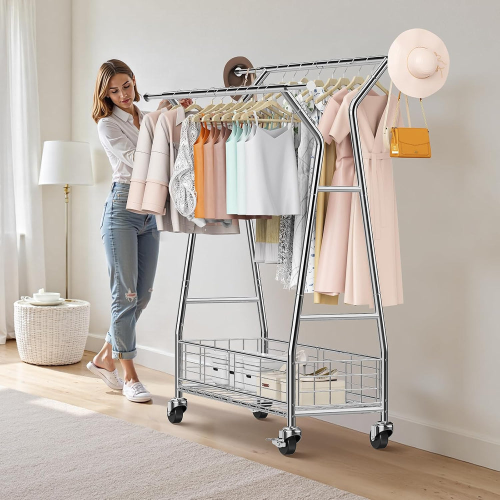 VEVOR Clothes Rack, Rolling Clothing Garment Rack, Extendable Carbon Steel Cl...