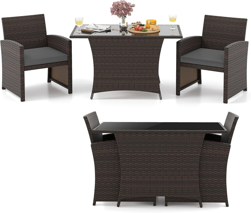 Tangkula 3 Piece Patio Wicker Dining Set, 2 Rattan Chairs with Rectangle Temp...