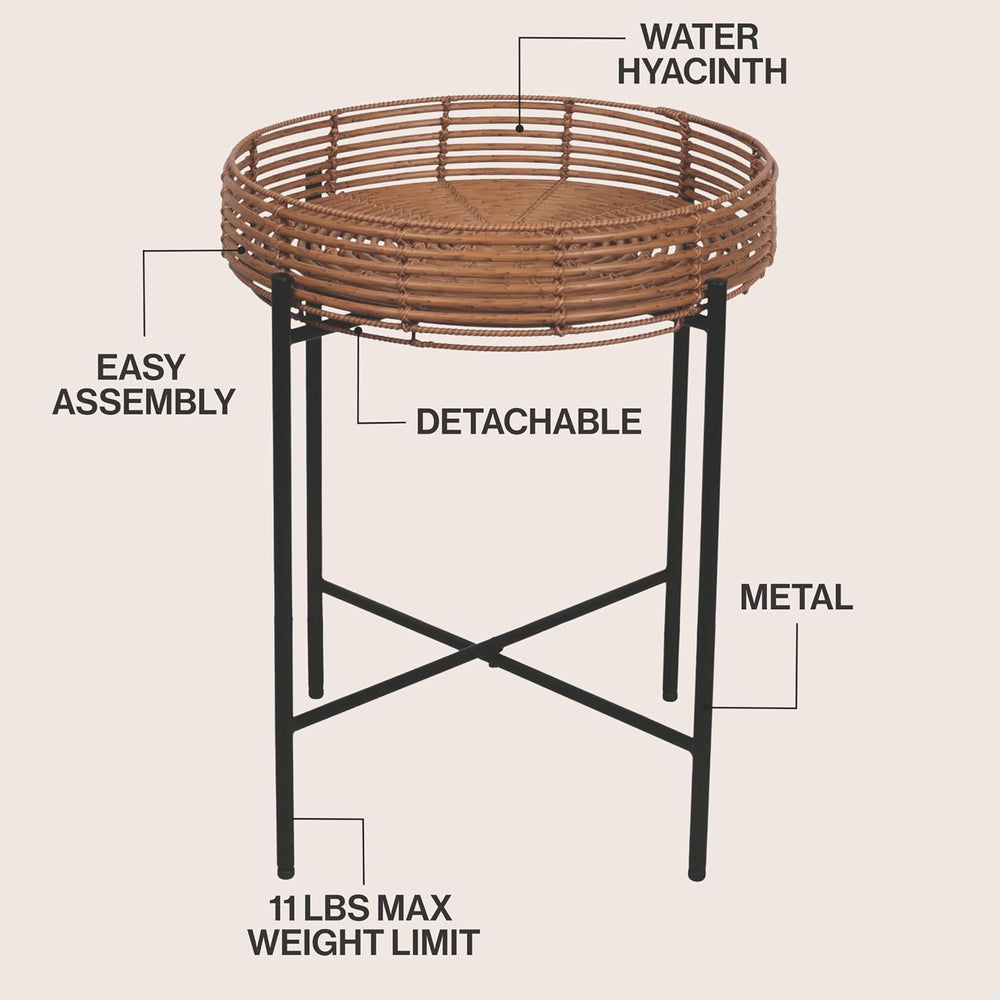 JONATHAN Y Malia 23" Round Faux Rattan Tray Top End Table, Bohemian Wove...