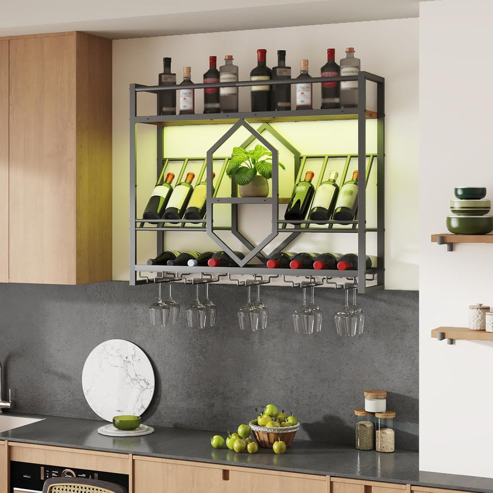 HOOBRO Wall Mounted Wine Rack with LED Light, 31.5" Wine Shelf, 3 Tier W...