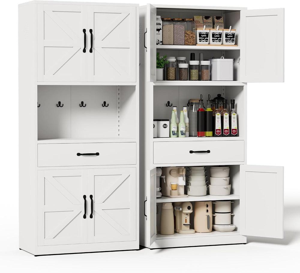 72" H White Steel Kitchen Pantry Storage Cabinet with Countertop | Metal...