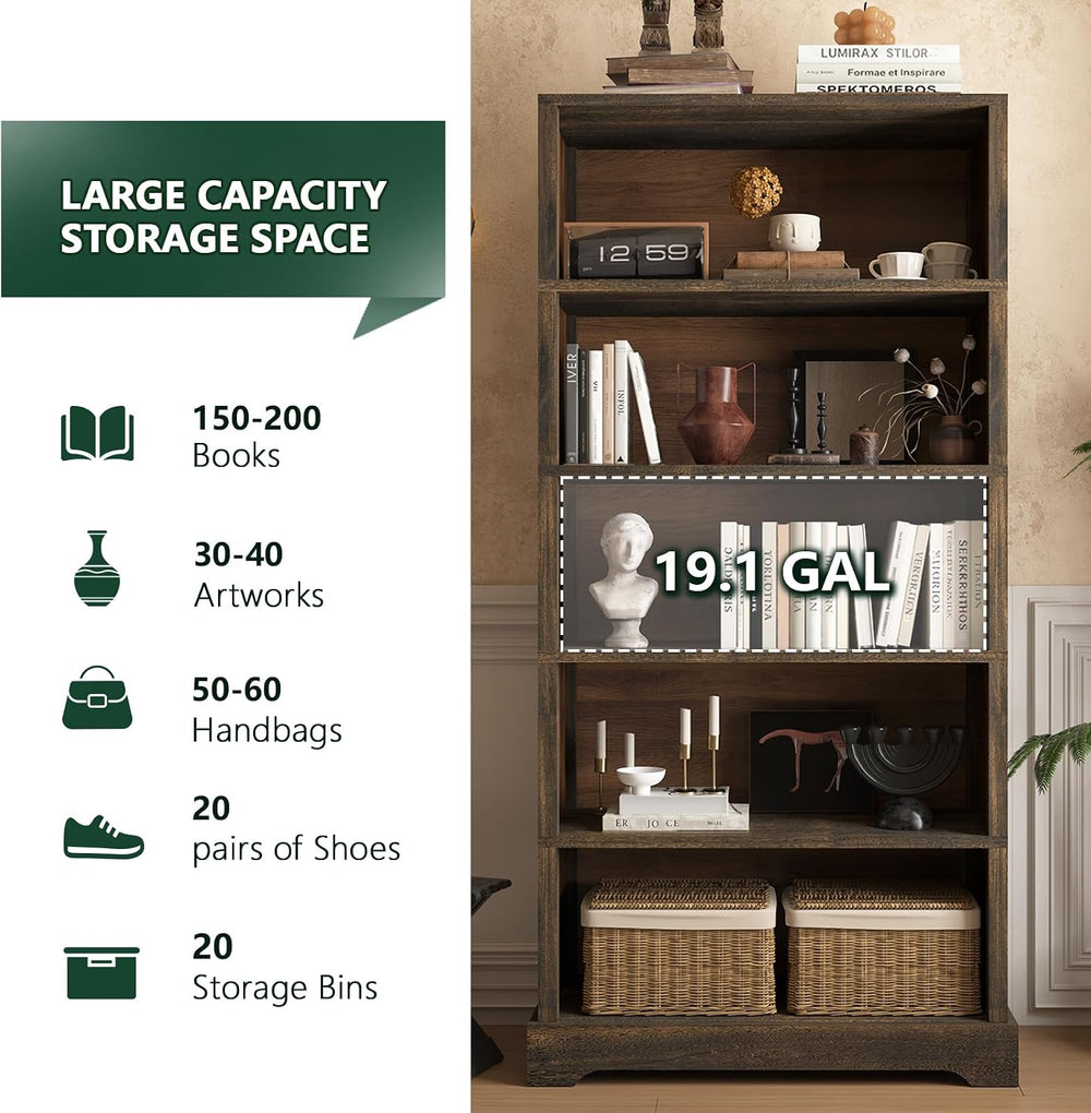 TVU 5 Tiers Wooden Bookshelf, 65.2" Tall Farmhouse Style Open Bookcase, ...