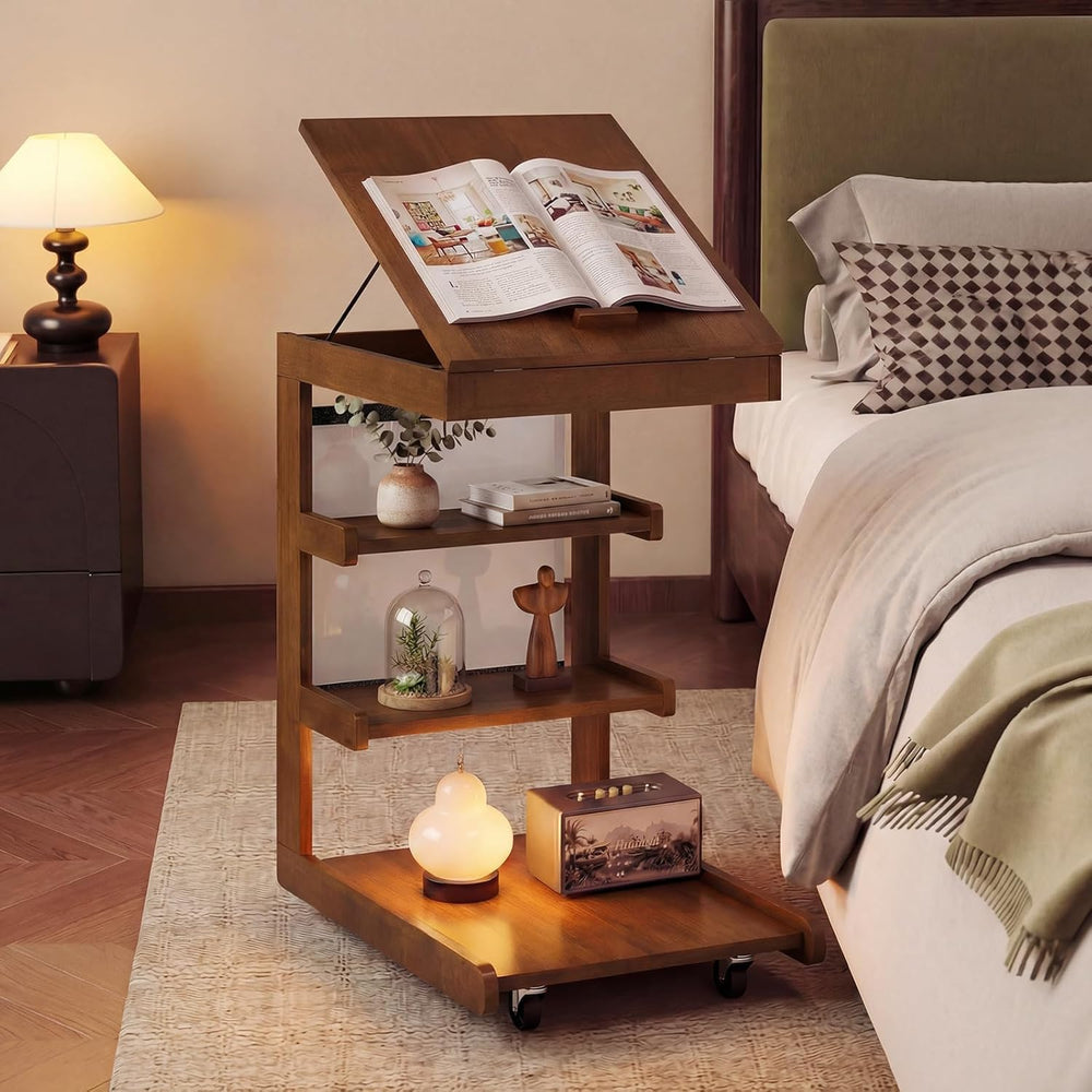 Byroce C Shaped End Table, Rolling Side Table with Adjustable Desktop, 4 Lock...