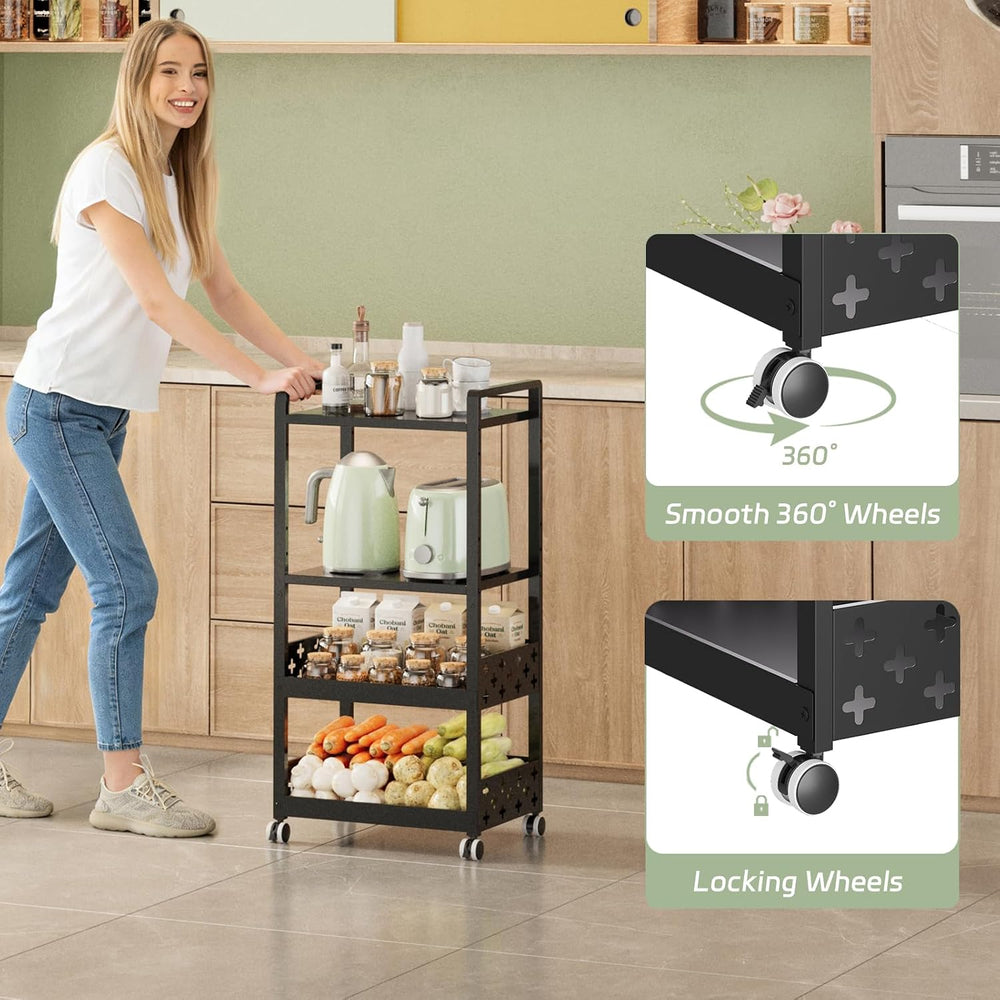 Adjustable 4 Tier Rolling Cart Metal Utility Carts with Lockable Wheels Rolli...