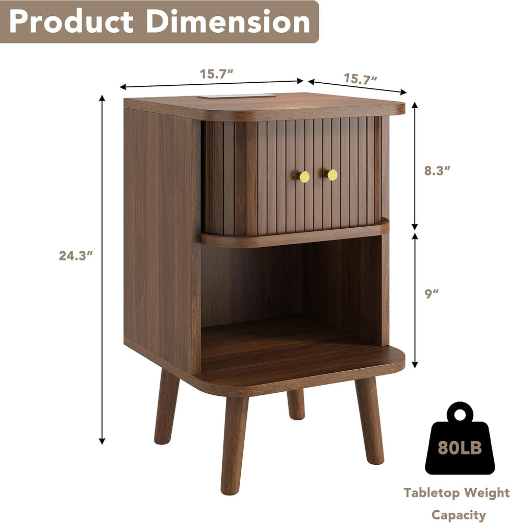 Decofy Mid Century Modern Nightstand Set of 2 with Charging Station, Walnut |...