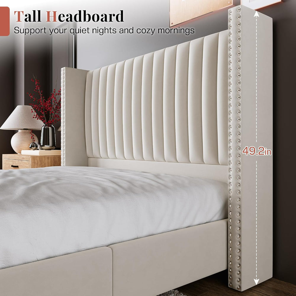 Jocisland Queen Size Bed Frame Velvet Upholstered Wingback Headboard, Cream