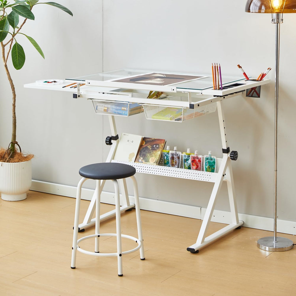 Drafting Table, Height Adjustable Art Tabe with Stool, White | 0-75° Tilting ...