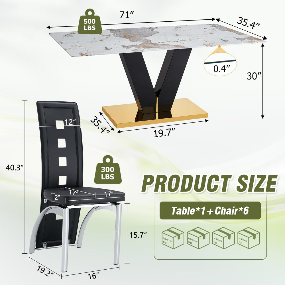 71'' Dining Table Set for 6,Modern Dining Room Table Set for 6,Marble...