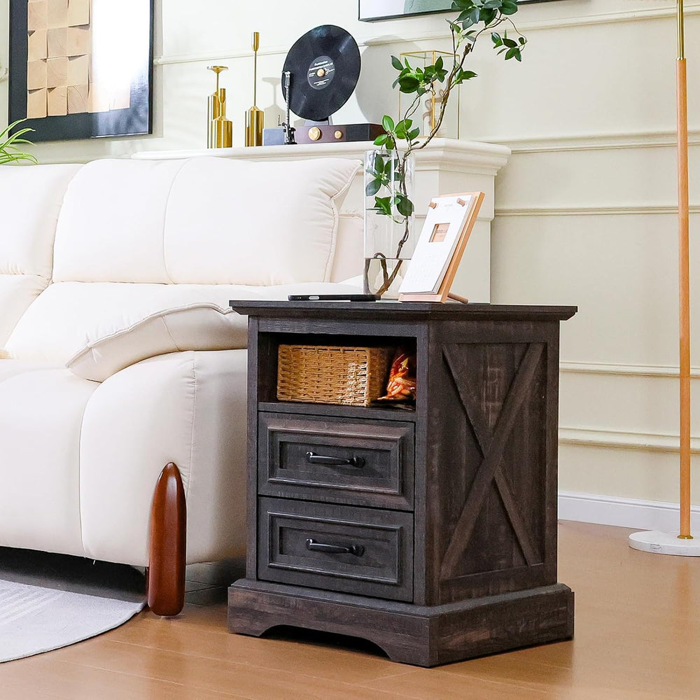 ALBAD Farmhouse Nightstand with Charging Station Rustic Bedside Table with 2 ...