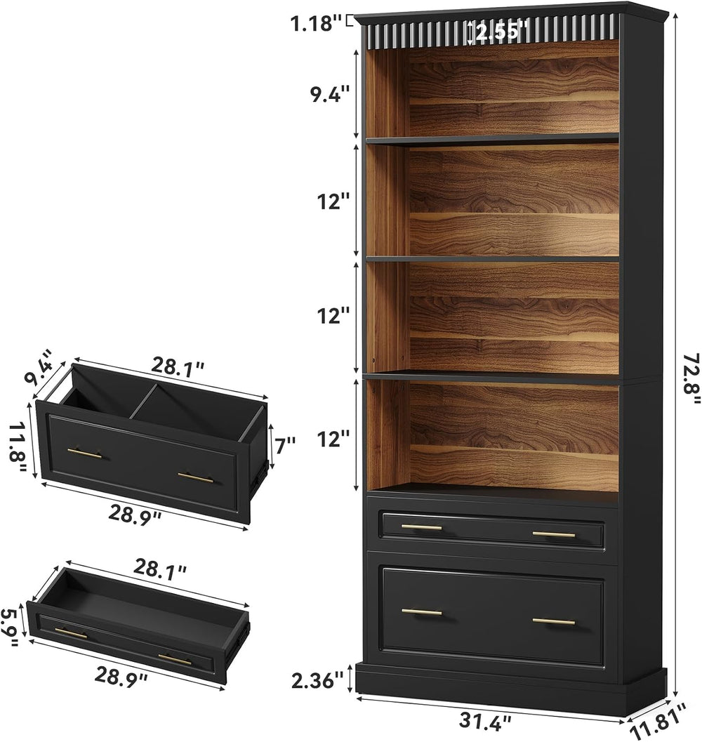 LITTLE TREE 72" Tall Black Bookcase with 2 Drawers, 5-Tier Bookshelf wit...