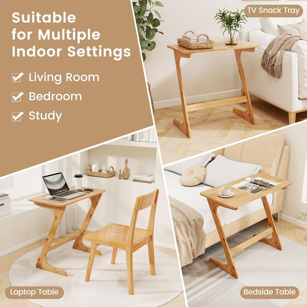 Giantex Bamboo TV Tray Table Set of 2, Z Shaped Sofa Side Table for Eating Sn...