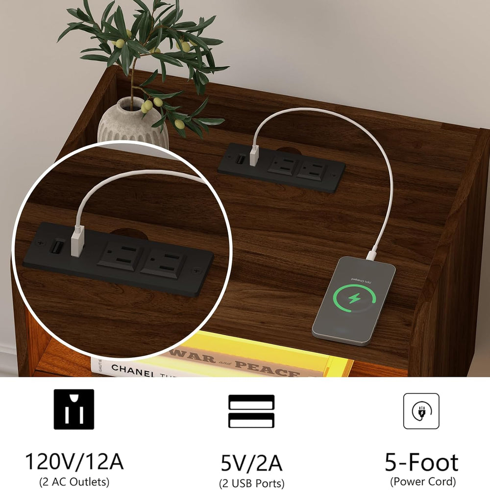 Veegle Floating Nightstand with Charging Station and LED Lights (Walnut Brown)
