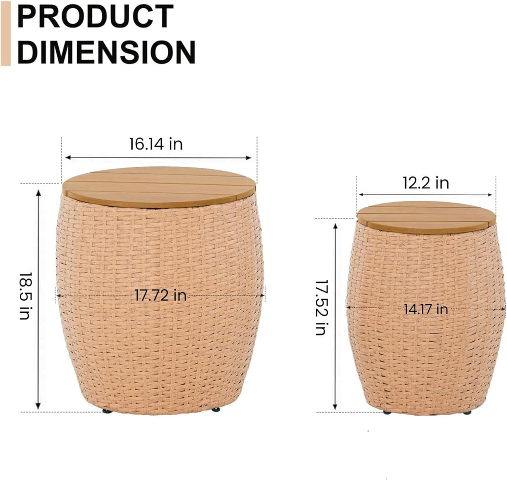 Wicker Side Table Set of 2, Round End Tables with Storage Basket, Multifuncti...