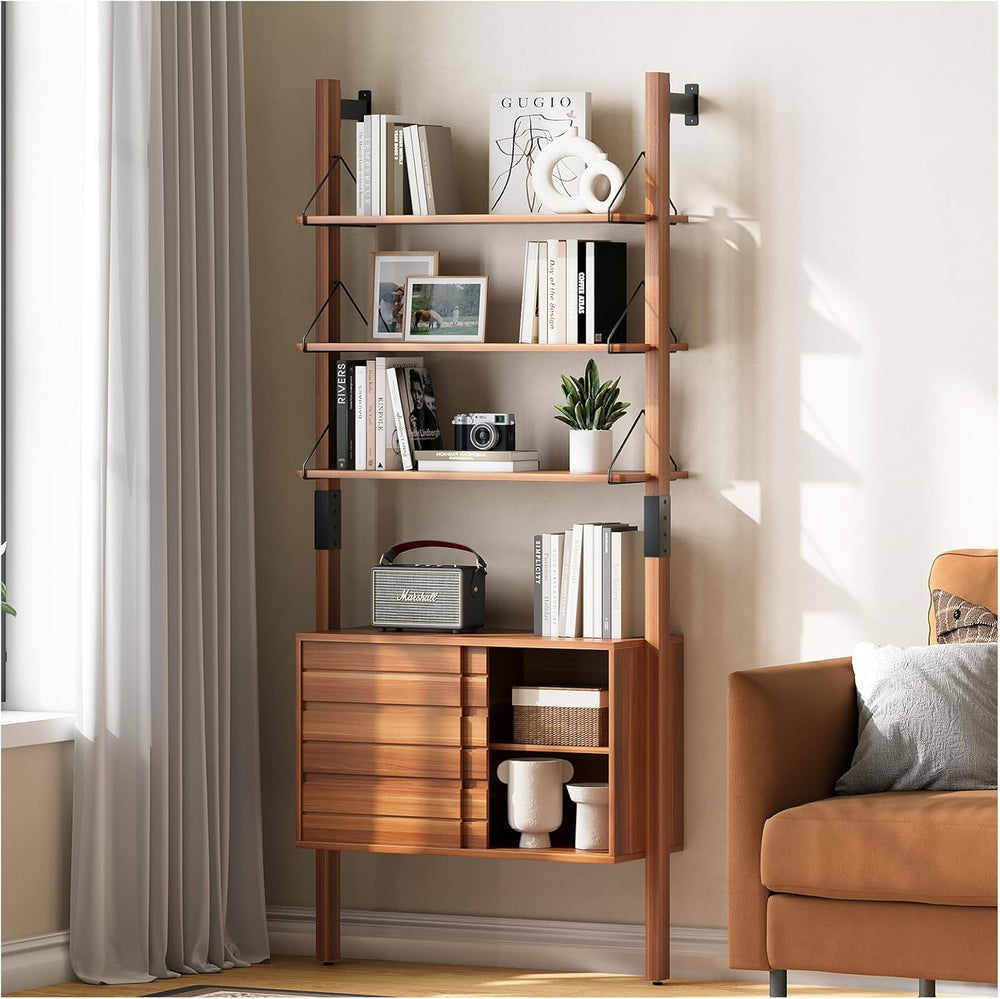 JOINICE 6 Tier Ladder Bookshelf with Storage Cabinet for Living Room,Cherry