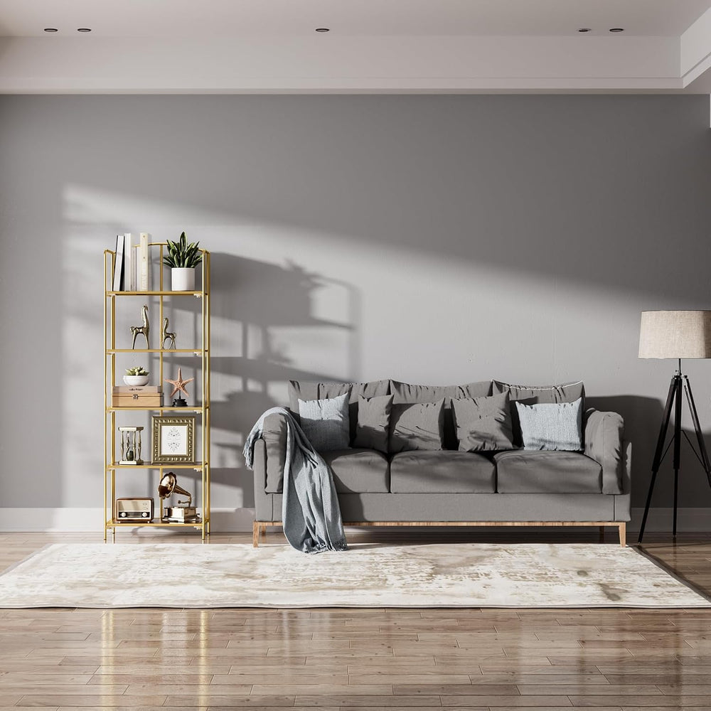 5-Tier Foldable Bookshelf, Gold Frame & Walnut Shelves