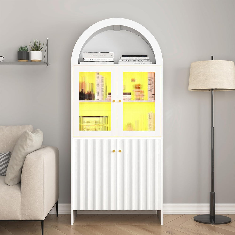 69" LED Tall Arched Kitchen Pantry Cabinet, Wood Kitchen Storage Hutch w...