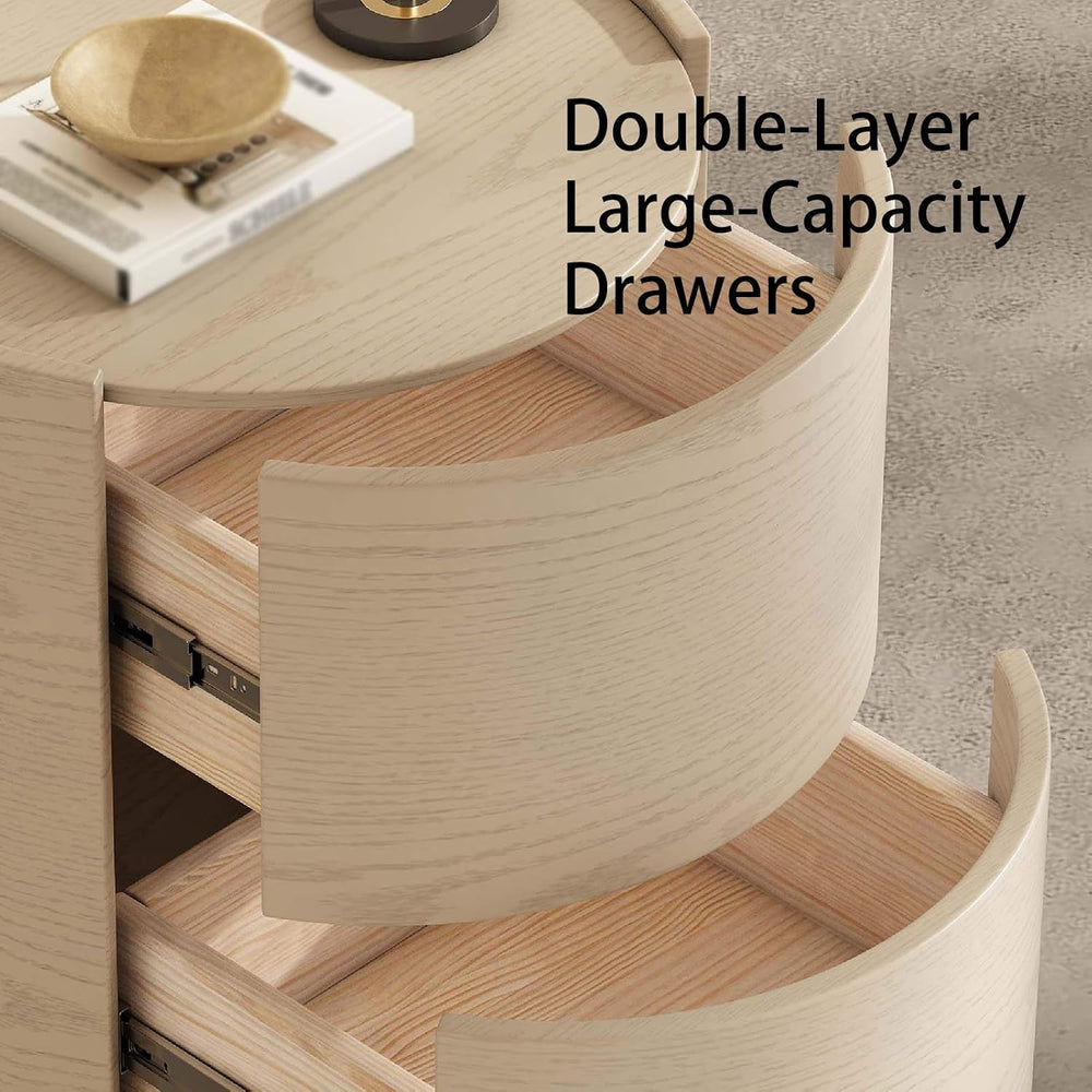 Wooden Nightstand Modern End Table,Round Side Tables with 2 Drawers Bedside C...