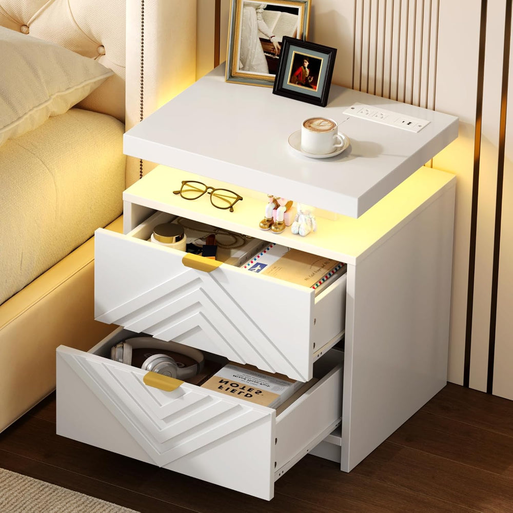 White Nightstand with Charging Station and LED Lights, Smart Night Stand, Mod...
