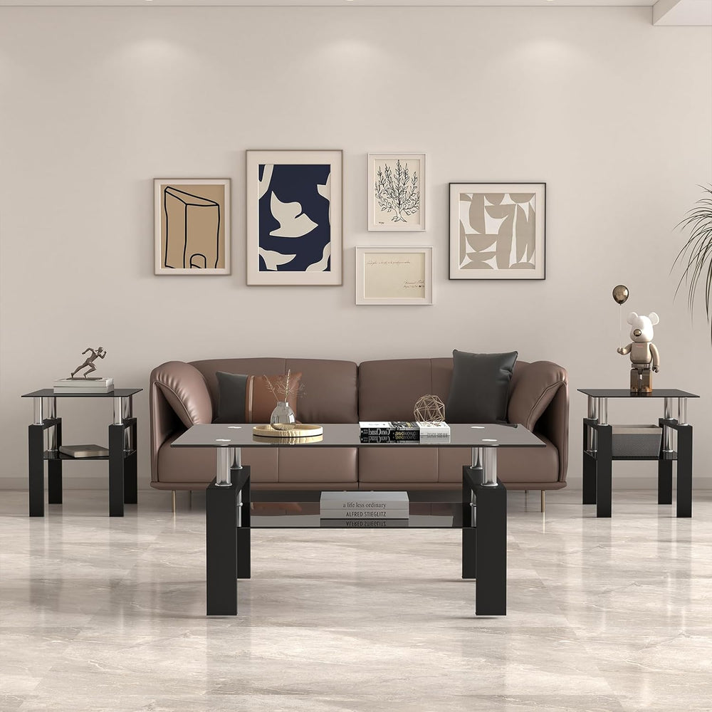 Black Glass Coffee Table Set of 3 Piece, Living Room Tables Set of 3 Pcs, Inc...