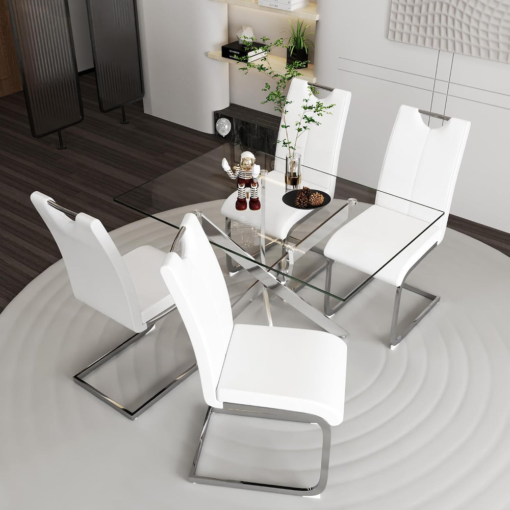 5 Piece Dining Table Set for 4, Modern Tempered Glass Kitchen Table with 4 Up...
