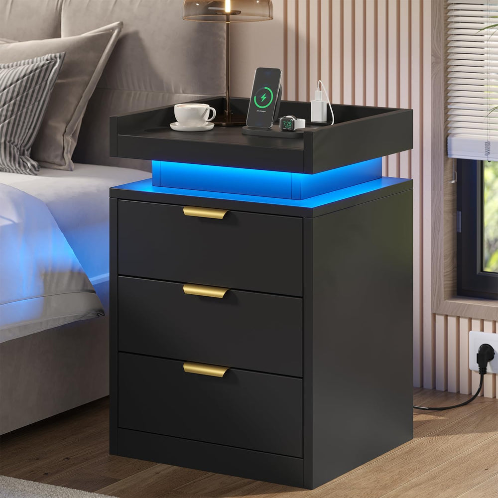 knoworld LED Nightstand with Charging Station & USB Ports, 3-Drawer Bedsi...