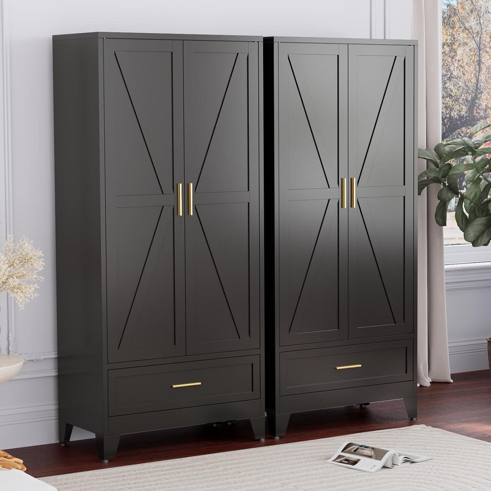 Black Metal Wardrobe Closet, Steel Armoire Wardrobe with Drawer Clothes Cabin...