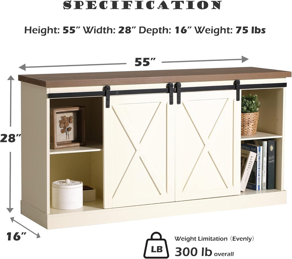 PHI VILLA Farmhouse Coffee Bar Cabinet, Barn Door Kitchen Storage Cabinet | W...