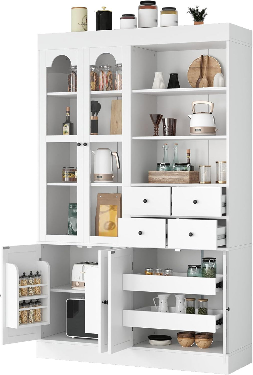 Freestanding Tall Kitchen Pantry Cabinet with 4 Drawers, Door Shelves and Pul...