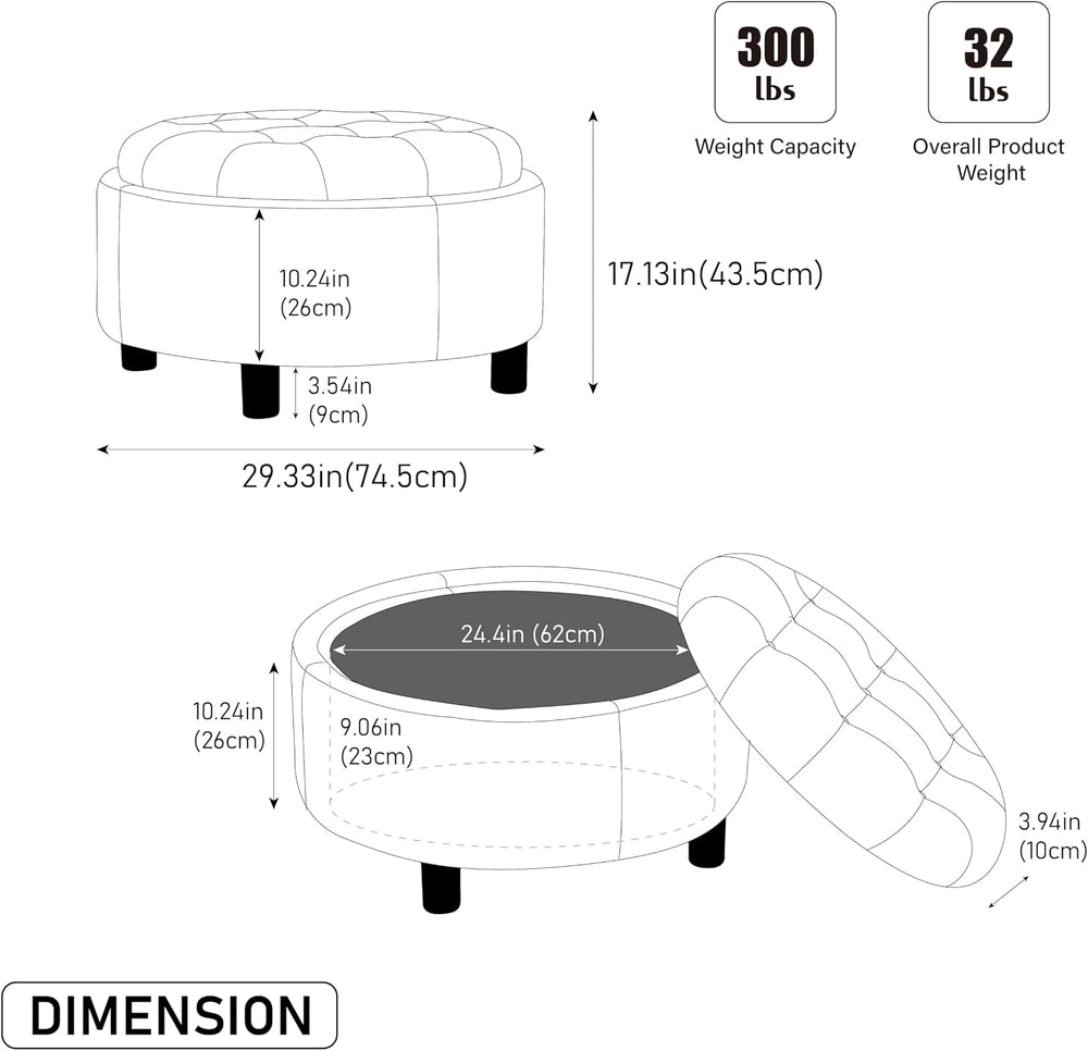 Round Storage Ottoman 29.33" with Reversible Lid - Fleece Fabric Upholst...