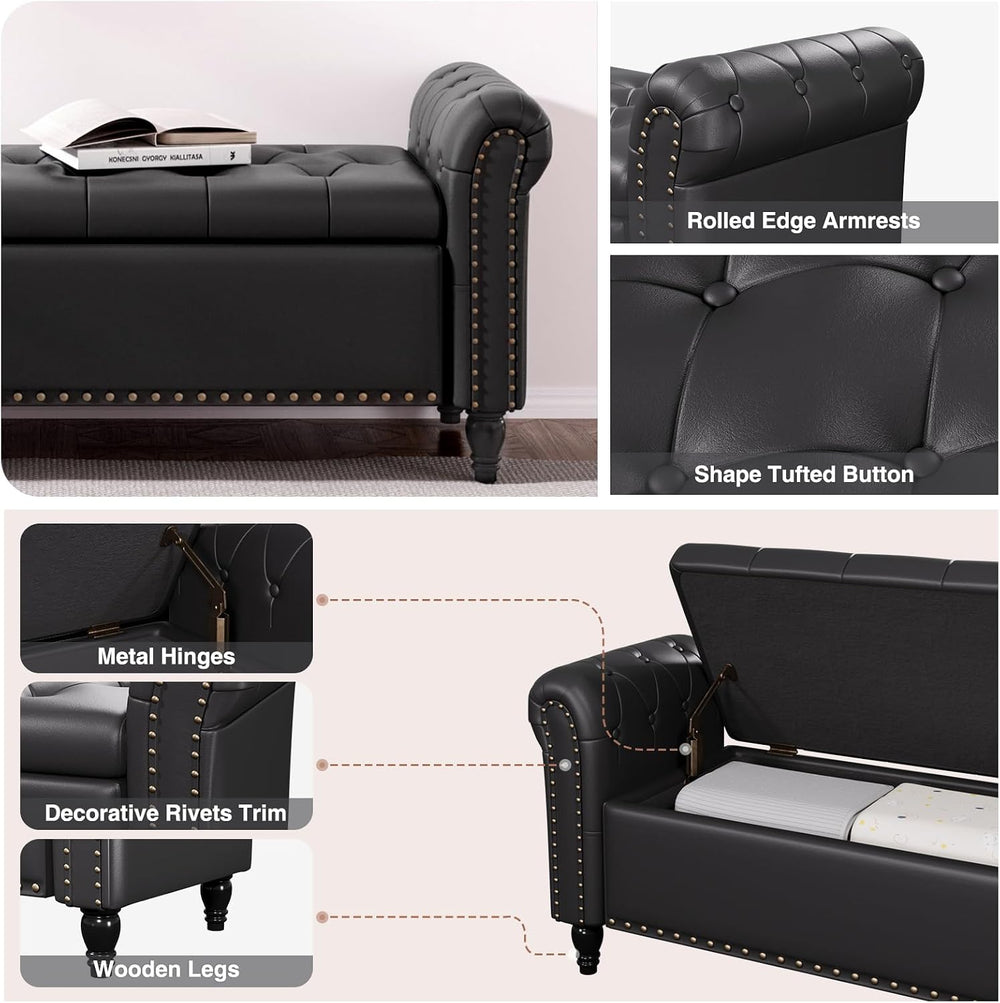 FiveWillowise 65" Bedroom Bench, End of Bed Bench with Storage, Black