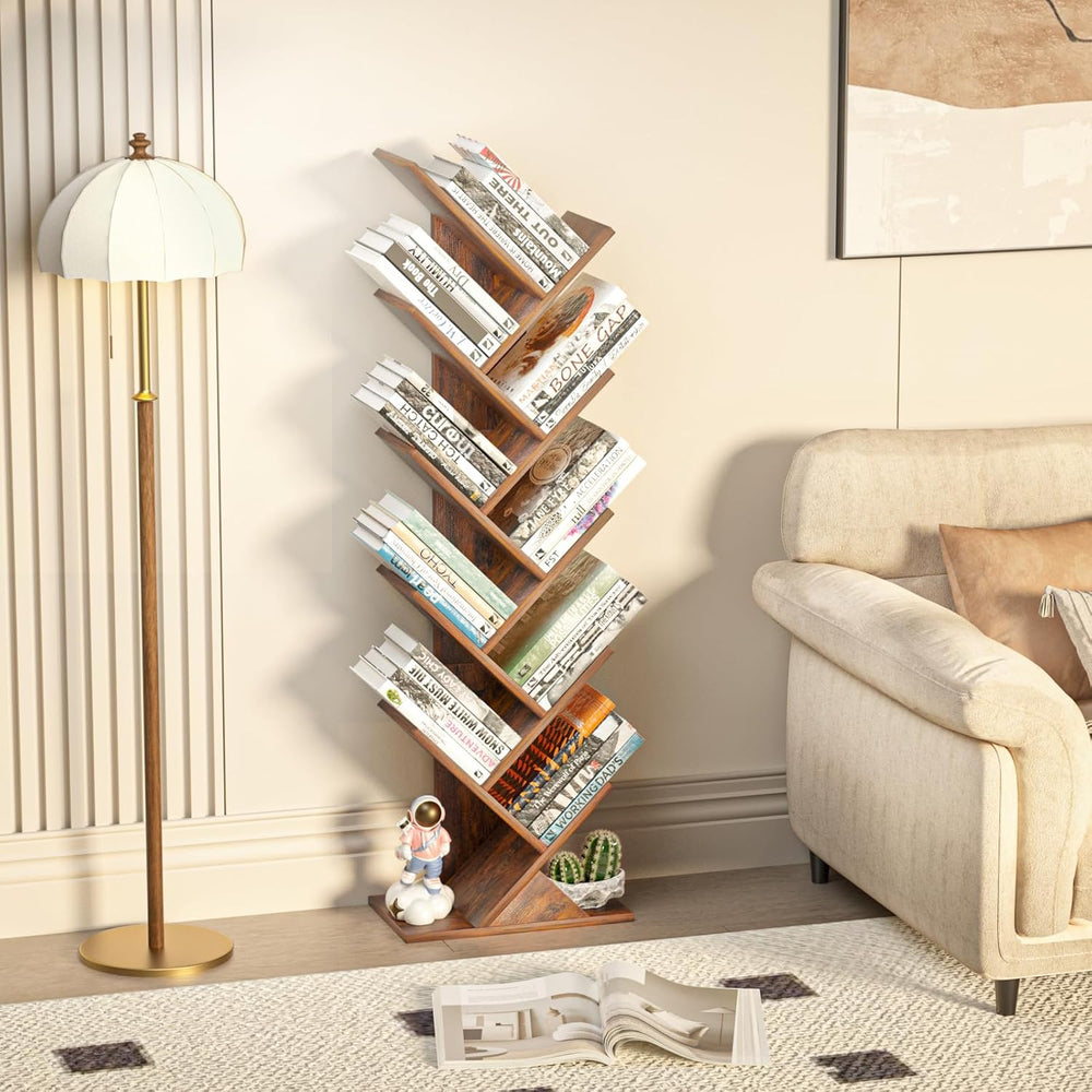 SHEEPAM 10 Tier Tree Book Shelf, Floor Standing Wood Bookshelf for Narrow Spa...