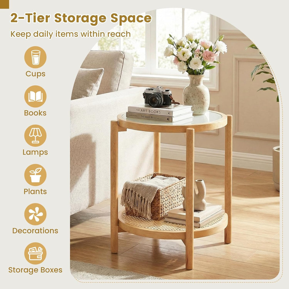 Giantex Rattan Round Side Table, 2-Tier Boho End Table w/Tempered Glass Top, ...