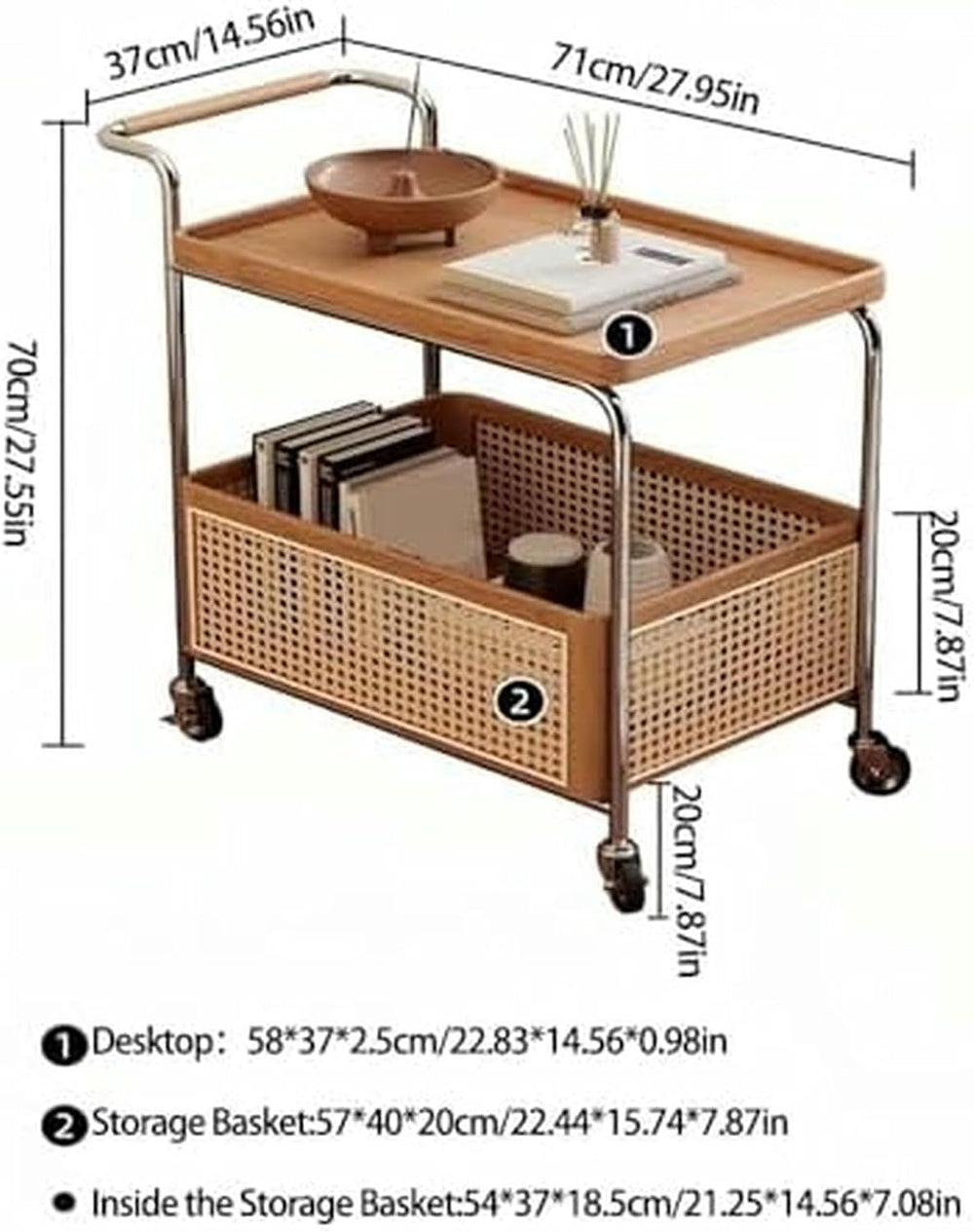 Rolling Rattan Side Table with Wheels - 2-Layer Storage Coffee Table & En...