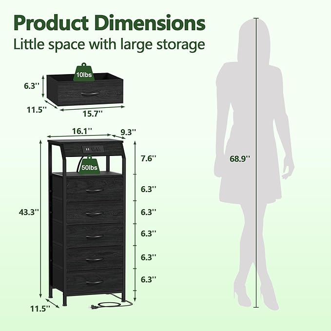 Furnulem 5 Drawers Dresser with Charging Station, Fabric Chest of Drawers wit...