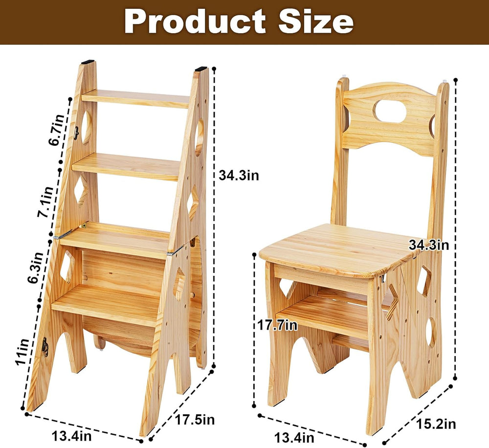 4 Step Foot Stool Chair 3 in 1 Wooden Library Ladder Solid Folding Portable W...