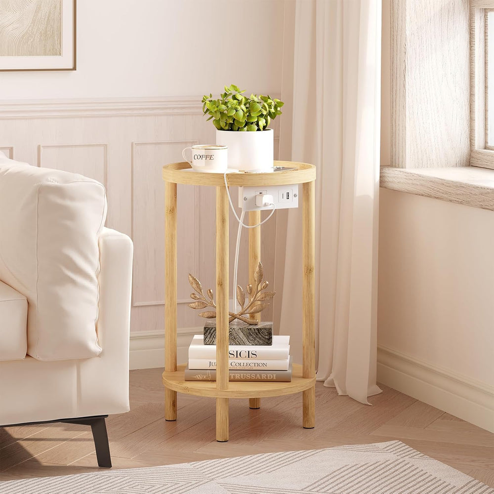 HOOBRO Small Round Side Table with Charging Station, 2-Tier Round Bamboo End ...